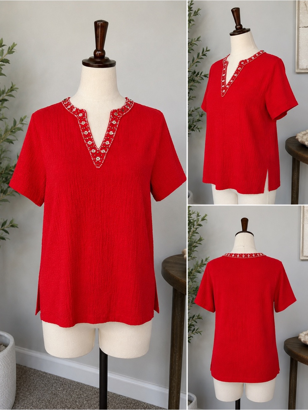CATHY DANIELS Blouse, Size 2X Plus Red Beaded Textured Tunic Size Short Sleev
